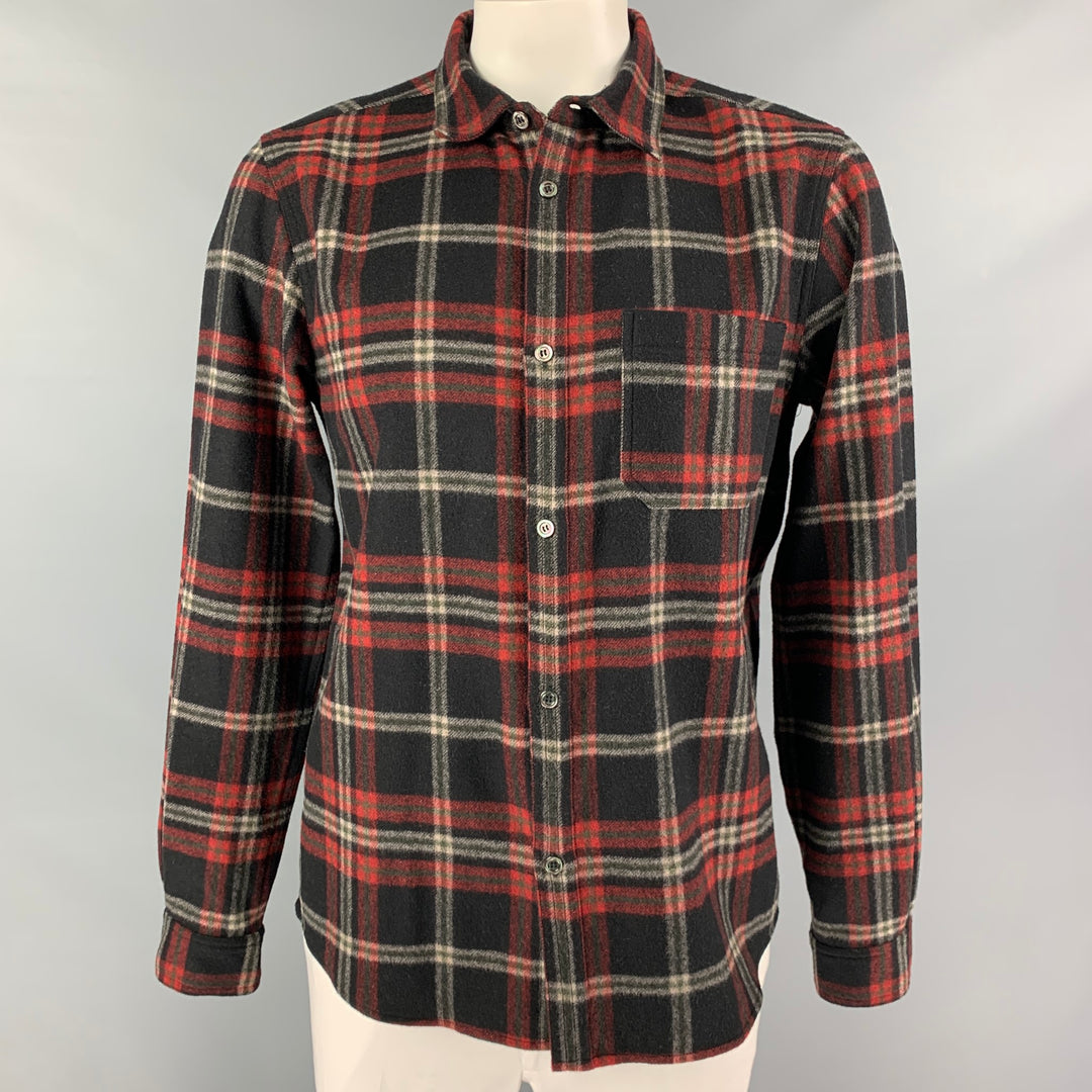 A.P.C. Size XL Black Red White Plaid Wool Nylon Button Up Long Sleeve Shirt