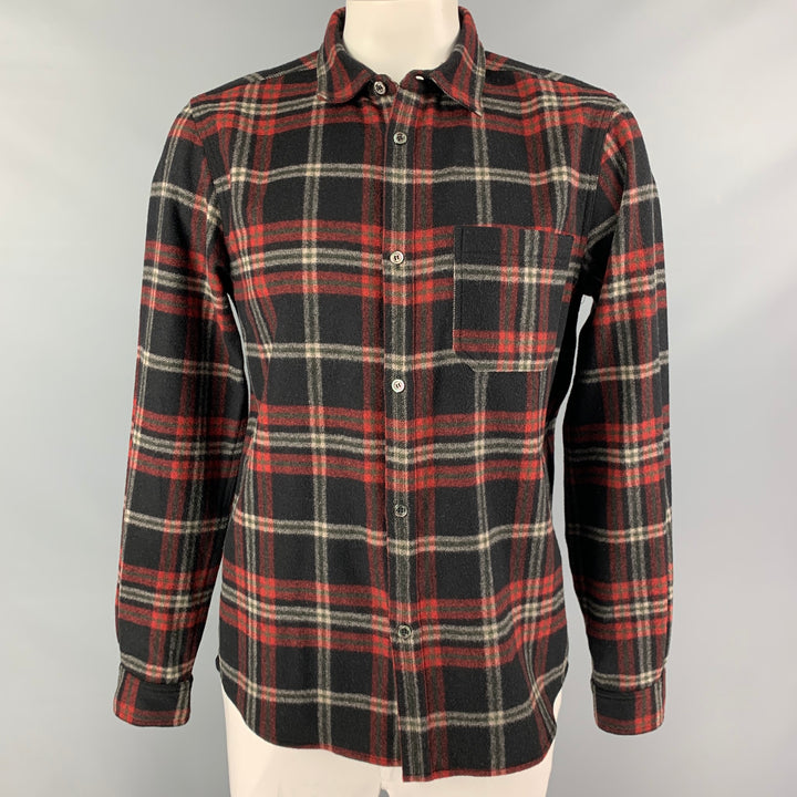 A.P.C. Size XL Black Red White Plaid Wool Nylon Button Up Long Sleeve Shirt