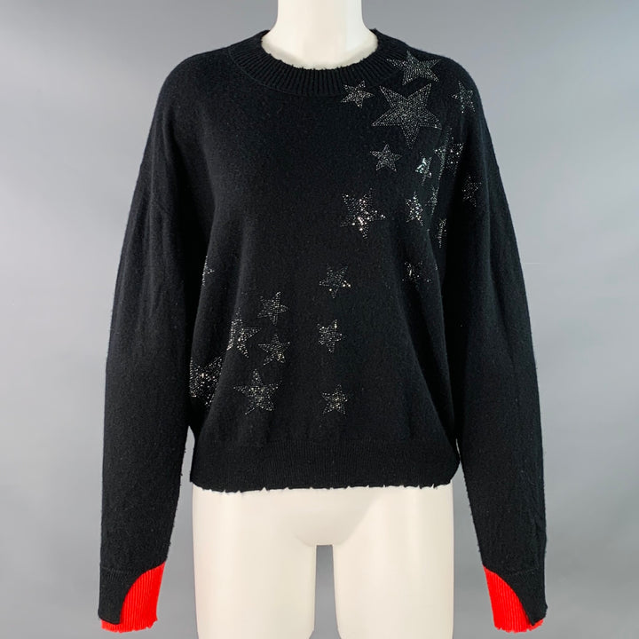 ZADIG & VOLTAIRE Size S Black Silver Red Cashmere Rhinestone Stars Raw Edge Pullover