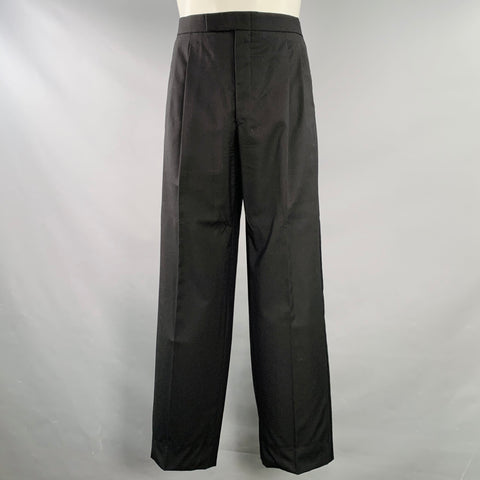 VINTAGE Size 35 Black Pleated Wool Tuxedo Dress Pants