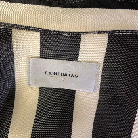 EX FINITAS Size L Cream Black Stripe Viscose Pointed Collar Short Sleeve Shirt