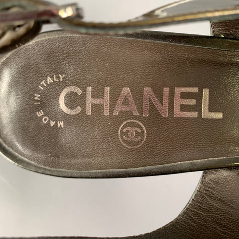 CHANEL Size 8.5 Brown Olive Glittered Patent Leather Slingback Heels  Pumps
