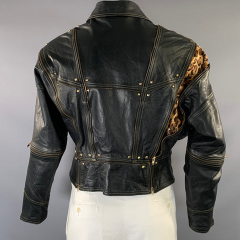 FICCE Size 40 Black Studded Leather Biker Jacket