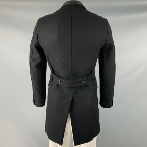 THE KOOPLES Size 44 Black Wool Blend Leather Trim Peak Lapel Coat