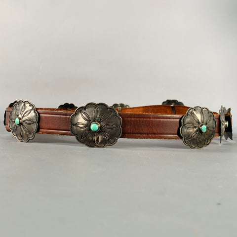Ceinture Vintage Taille M Marron Argent Cuir Métal Turquoise Concho