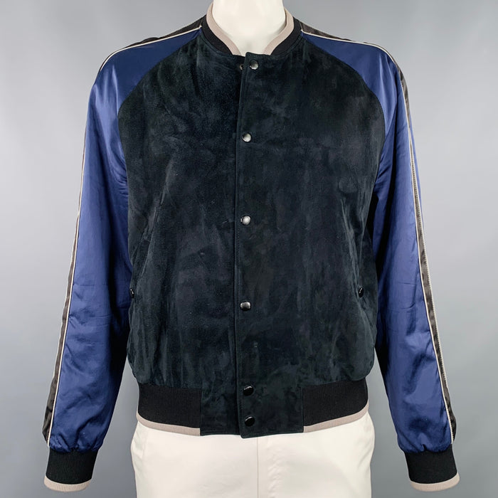 LANVIN Size 46 Black Blue Mixed Fabrics Lamb Suede Bomber Jacket