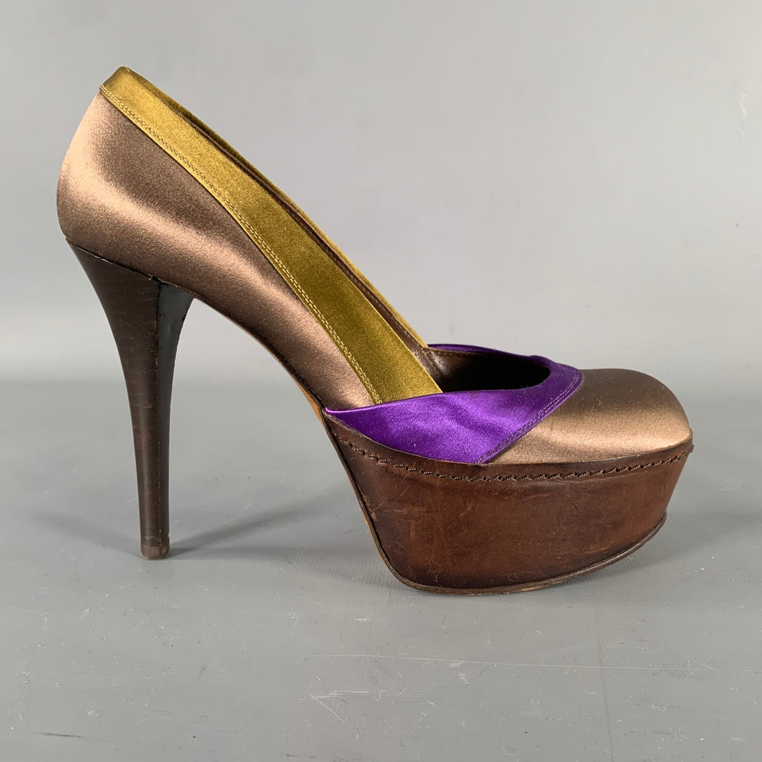 MARNI Size 7.5 Bronze Purple Satin Stripe Round Toe Pumps