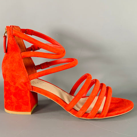SANDRO Size 10 Tessa Red Suede Caged Chunky Heel Sandals