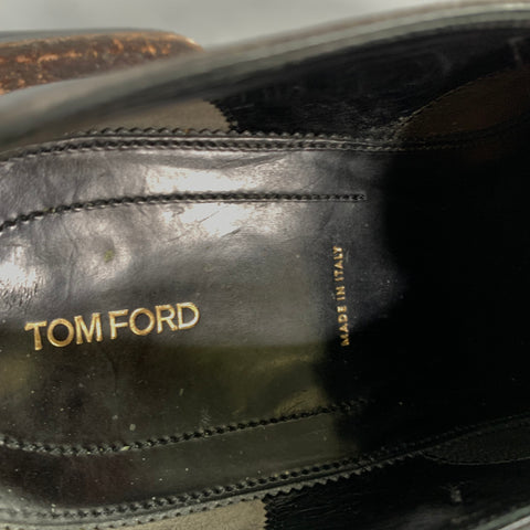 TOM FORD FW2020 Size 8 Black Gold J0107 T Leather Monk Strap Loafers