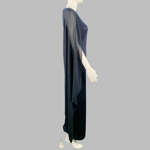 FENZY Size S Navy Polyester Blend See Through Open Sleeves High Slit Dress