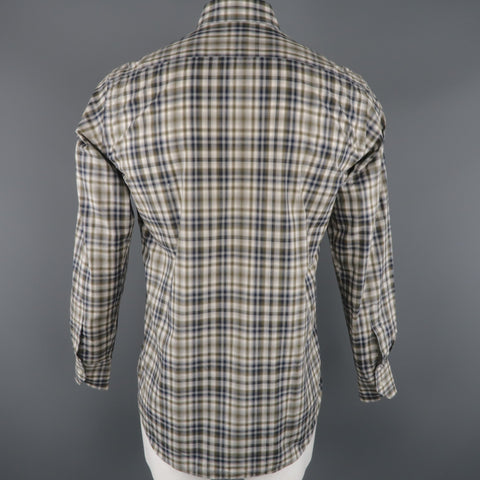 ETRO Taille S Chemise à manches longues boutonnée à carreaux olive et bleu marine 