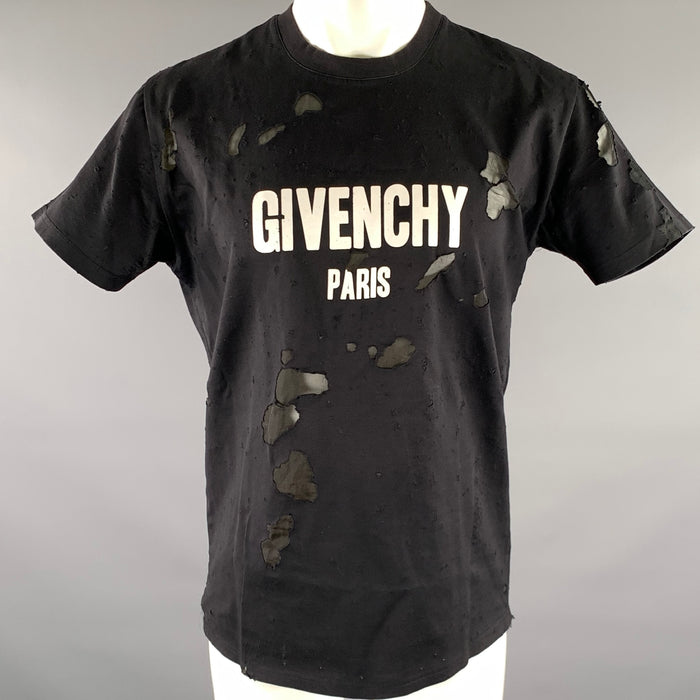 GIVENCHY Size XXS Black Logo Cotton Distressed T-shirt