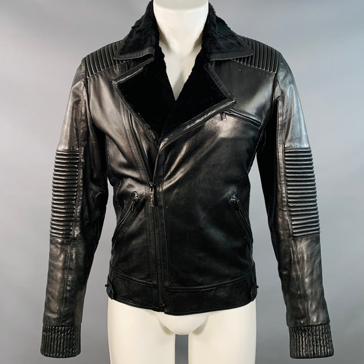 VERSACE Size 38 Black Leather Faux Shearling Motorcycle Jacket