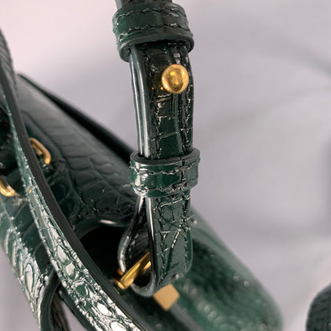 SAINT LAURENT Cassandra Green Gold Croc Embossed Leather Cross Body Mini Handbag