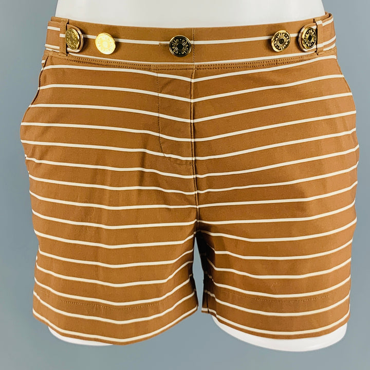 CHARLIE Size S Brown White Stripe Polyester Blend Gold Buttons Swim Trunks
