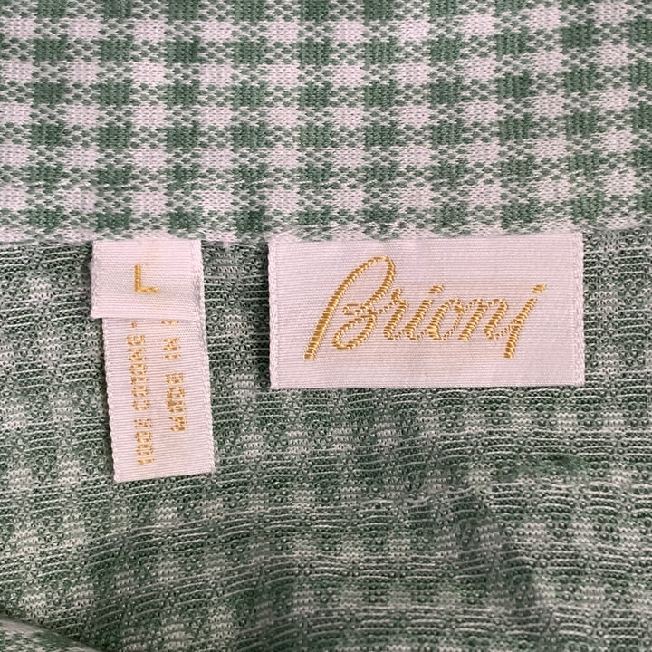 BRIONI Size L Green White Checkered Cotton Half Placket Polo