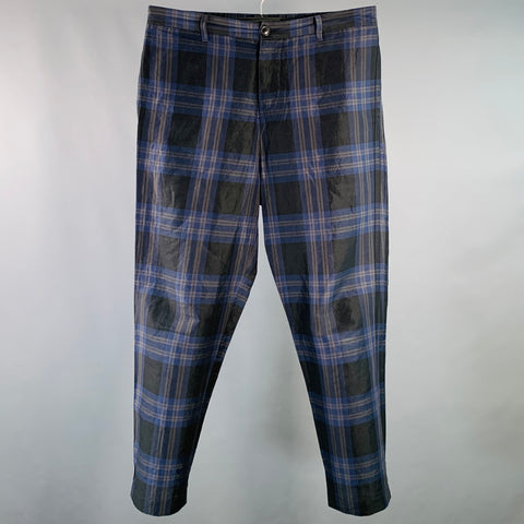 TOMORROWLAND Size M Navy Black Tan Plaid Linen Cotton Button Fly Dress Pants