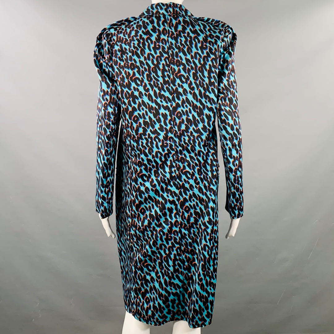 LANVIN Size M Blue Black Orange Silk Animal Print Hook Eye Closure Trenchcoat