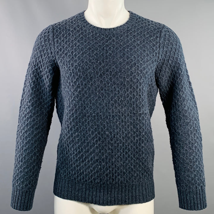 CIRCOLO Size M Blue Grey Diamond Cable Knit Merino Wool Crew Neck Sweater
