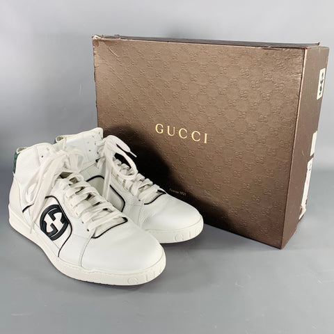 GUCCI Size 10 White Green Black Color Block Leather High Top Sneakers