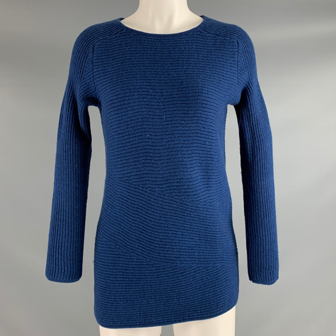 J.McLAUGHLIN Size M Blue Merino Wool Ribbed Crew-Neck Pullover