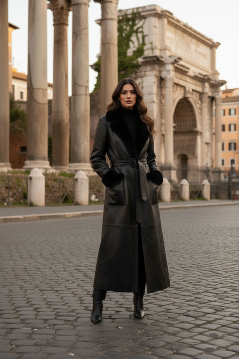 A black shiny lamb shearling coat with a large lapel, flap pockets, and fur trim, featuring a hook & eye closure.