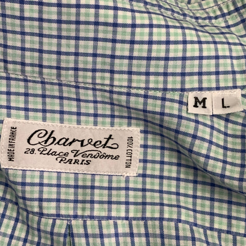 CHARVET Size M/L White Blue Green Checkered Cotton Long Sleeve Shirt