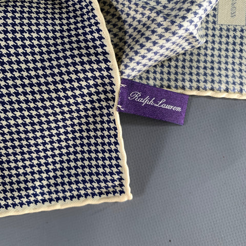 RALPH LAUREN Blue Cream Houndstooth Silk Pocket Square