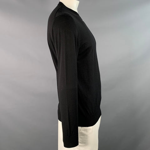 PRADA Size L Black White Jersey Logo Wool Long Sleeve Pullover