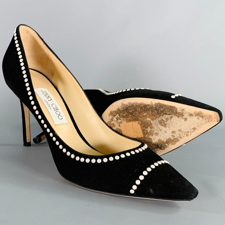 JIMMY CHOO Size 11 Black Cream Suede Faux Pearl Studded Heels Pumps