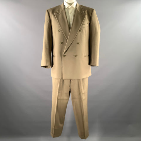 MANI Size 44 Khaki Wool Peak Lapel Double Breasted Suit