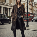 Burberry Prorsum brown and tan calf hair animal print coat, long sleeves, belted cuff, two front pockets, and hidden snap closures.