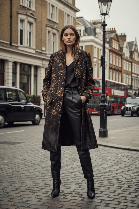 Burberry Prorsum brown and tan calf hair animal print coat, long sleeves, belted cuff, two front pockets, and hidden snap closures.