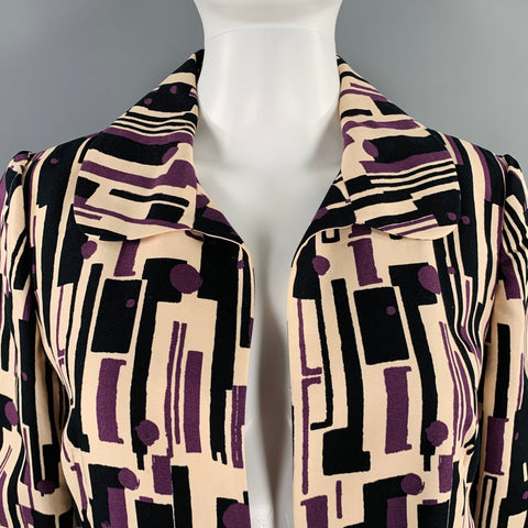 MARNI Size 8 Rose Purple Black Cotton Silk Print Open Front Coat