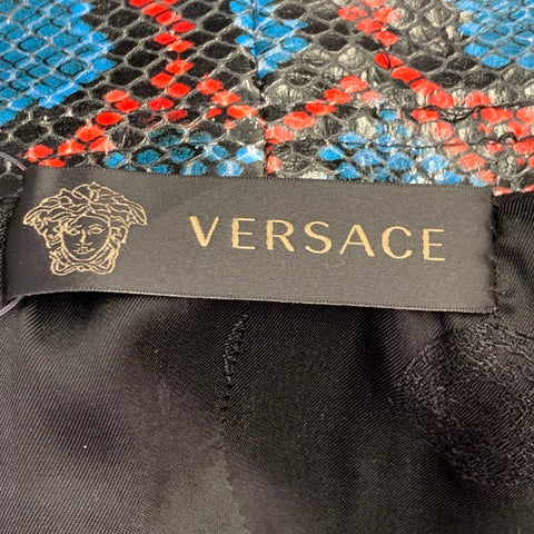VERSACE Size S Red Blue Leather Snake Embossed Pencil Skirt