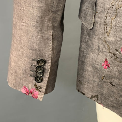 PAUL SMITH Size 38 Grey Pink Floral Embroidery Linen Slim Fit Notch Lapel Sport Coat