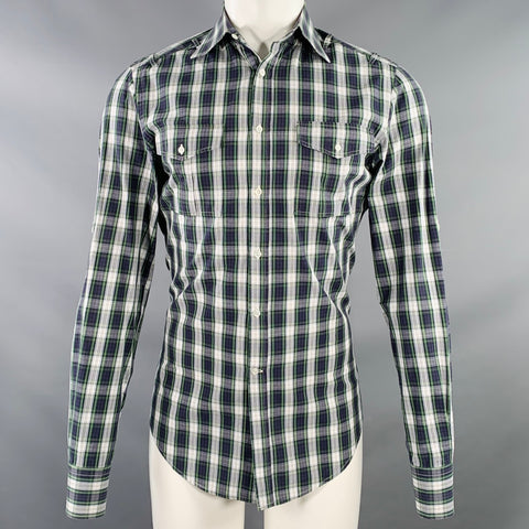 MICHAEL BASTIAN Size S Navy White Green Plaid Cotton Roll Tab Long Sleeve Shirt