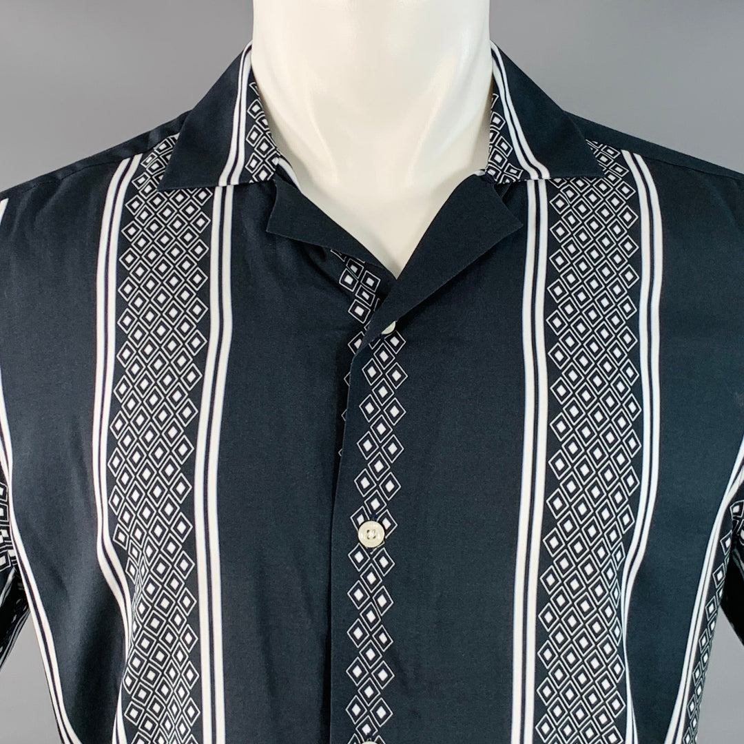 REISS Size M Yanis Navy White Diamonds Stripe Viscose Camp Short Sleeve Shirt