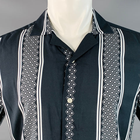 REISS Size M Yanis Navy White Diamonds Stripe Viscose Camp Short Sleeve Shirt