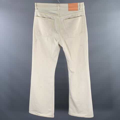 ACNE Size 32 Cream Distressed Cotton Flare Cut Jeans