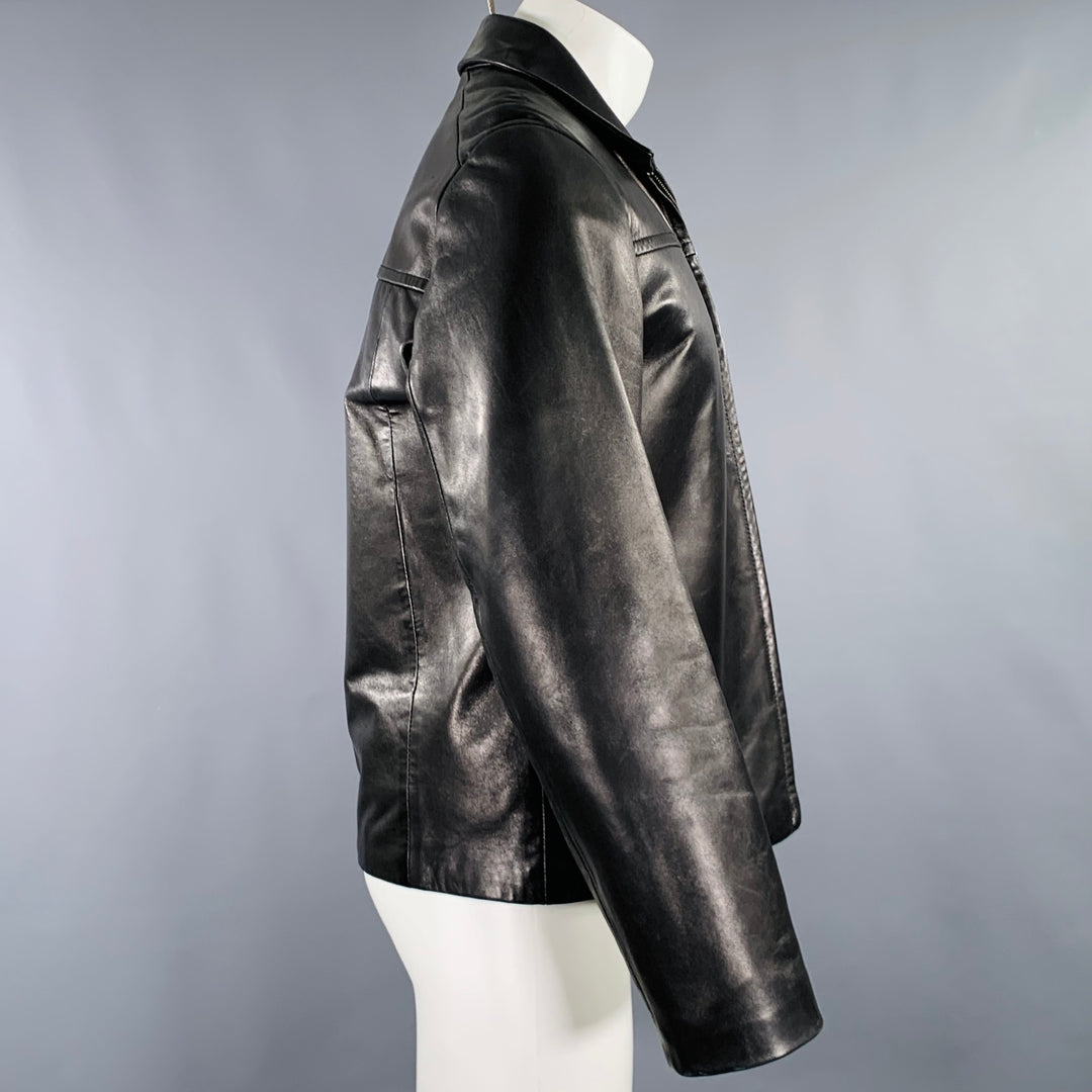 COLE HAAN Size S Black Lambskin Leather Zip Up Coat
