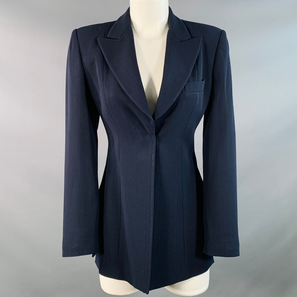 EMPORIO ARMANI Size 4 Navy Wool Blend Stripe Single Button Jacket