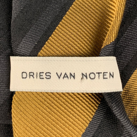 DRIES VAN NOTEN Black Gold Diagonal Stripe Silk Wool Tie
