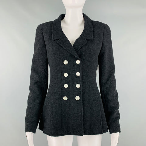 CHANEL Talla 6 Blazer cruzado de nailon y lana negra