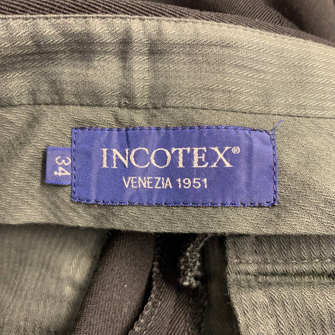 INCOTEX Size 34 Black Wool Flat Front Dress Pants