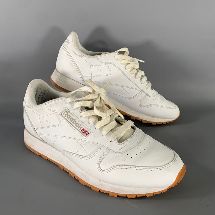 REEBOK Size 9 White Mixed Patterns Leather Runner Sneakers