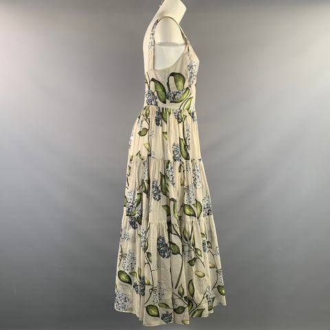 OSCAR DE LA RENTA SS2026 Size 6 Cream Green Cotton Floral V Neck Long Dress