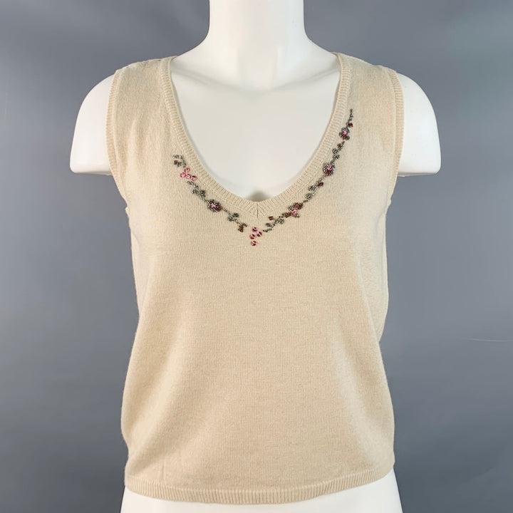 BLUMARINE Size 6 Beige Multi Color Rayon Cashmere Blend Beaded Cardigan Set