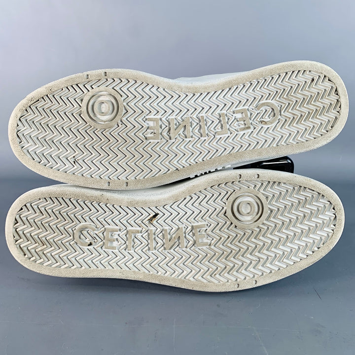 CELINE Size 12 White Black Perforated Leather Mid Top Lace-Up Sneakers
