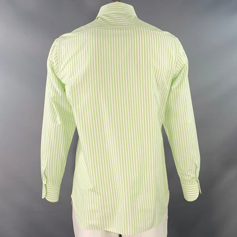 LUIGI BORRELLI Size M Green White Stripe Cotton Curved Cutaway Long Sleeve Shirt